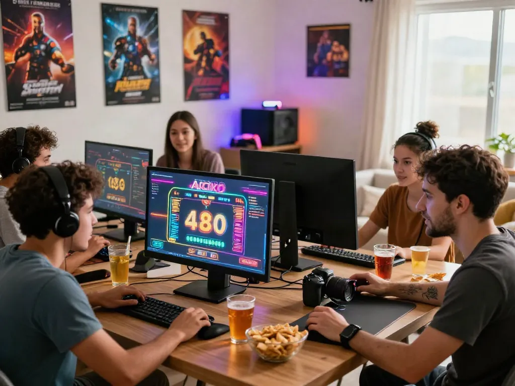 A80 gaming group enjoying online casino games in a vibrant living room.