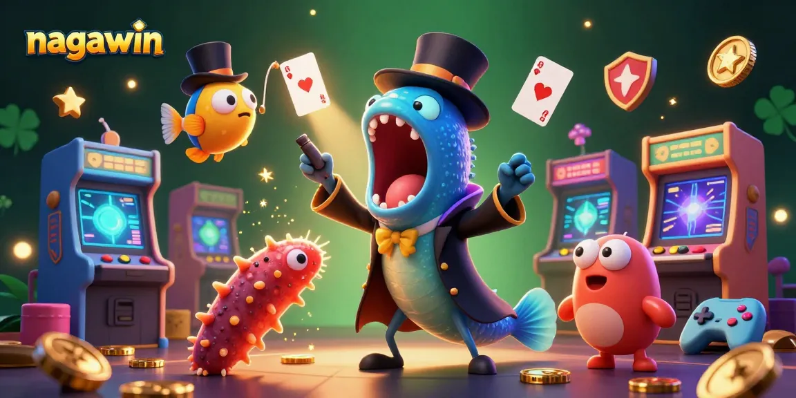 Experience fun at nagawin with a vibrant scene of deep-sea characters celebrating casino games and magic.