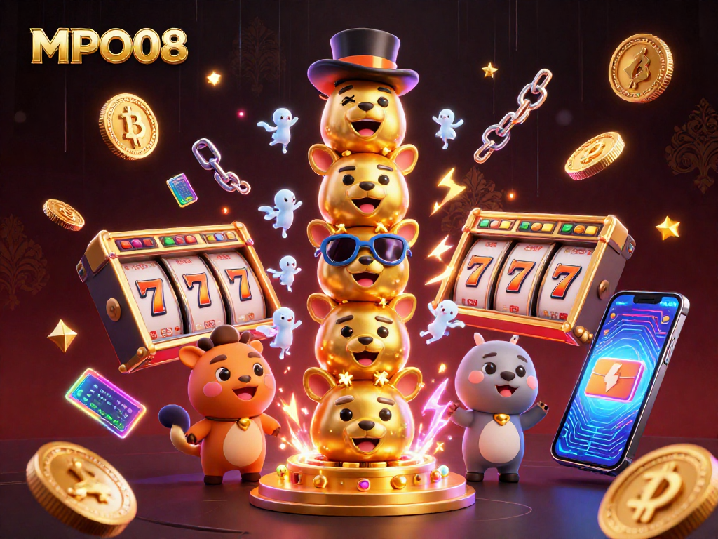 MPO08 showcases exciting slot game elements, including gleaming coins and vibrant totem imagery.