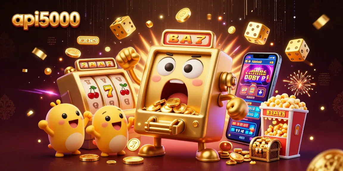 Mesin slot api5000 merayakan jackpot dengan koin berlimpah dan simbol keberuntungan, penuh aksi dan suka cita.