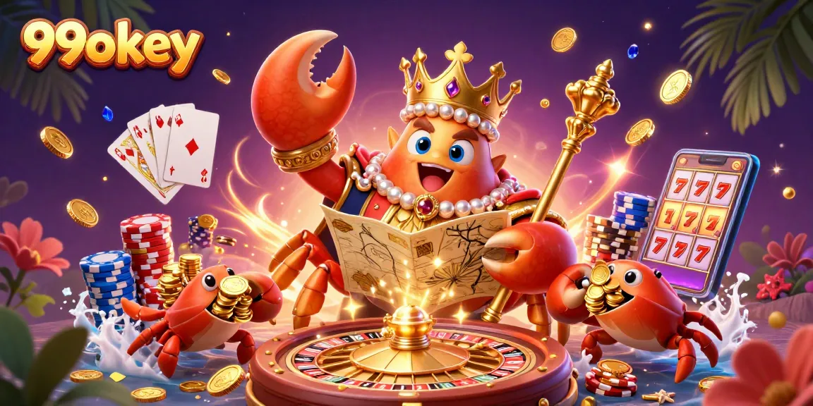 Unlock big wins at 99okey with a vibrant scene of a golden crab emperor and treasure-filled gaming action.