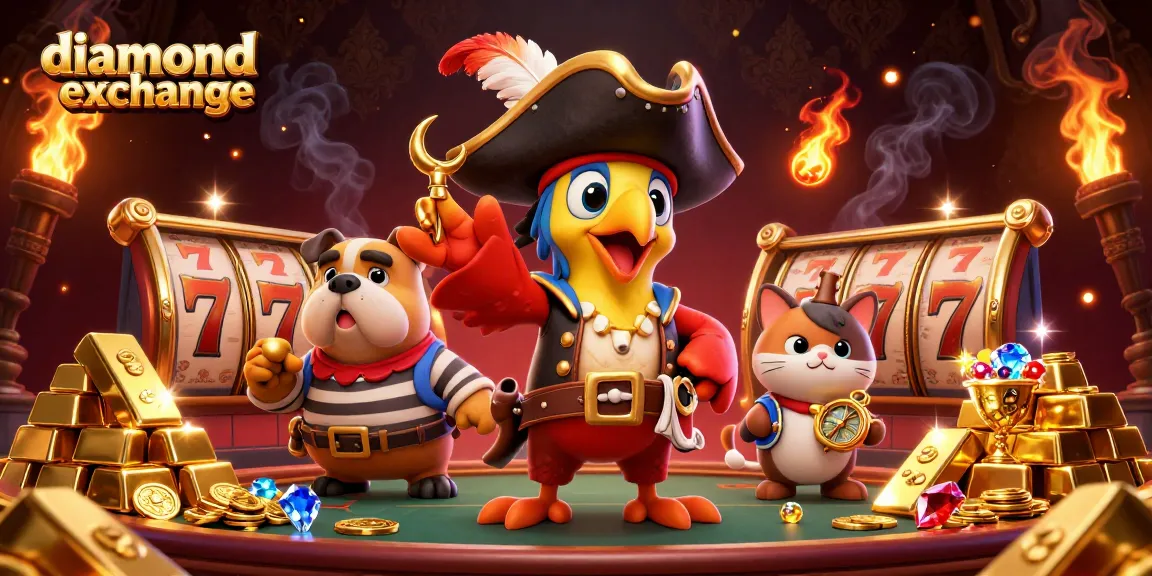 Bet big with diamond exchange as slots spin and gold treasures burst forth in this thrilling illustration.