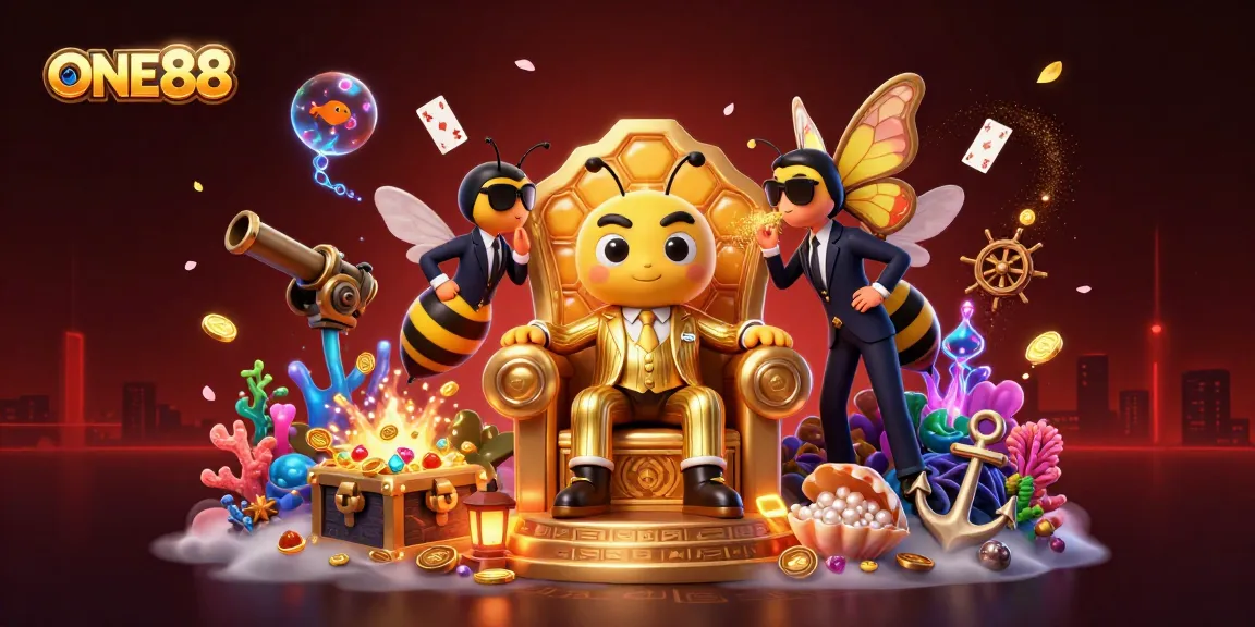 ONE88 casino scene featuring a bumblebee mob boss overseeing a treasure explosion, enticing gamers with winning opportunities.