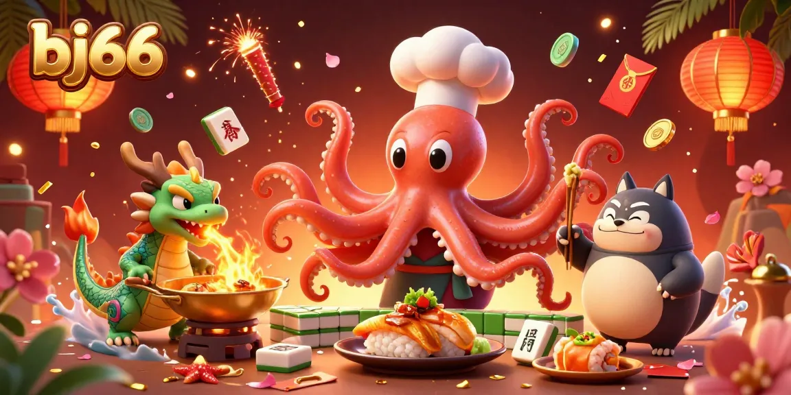 Bj66 showcases a vibrant 3D illustration with a cartoon octopus sushi chef amidst a dynamic cockfighting theme, highlighting action and excitement.