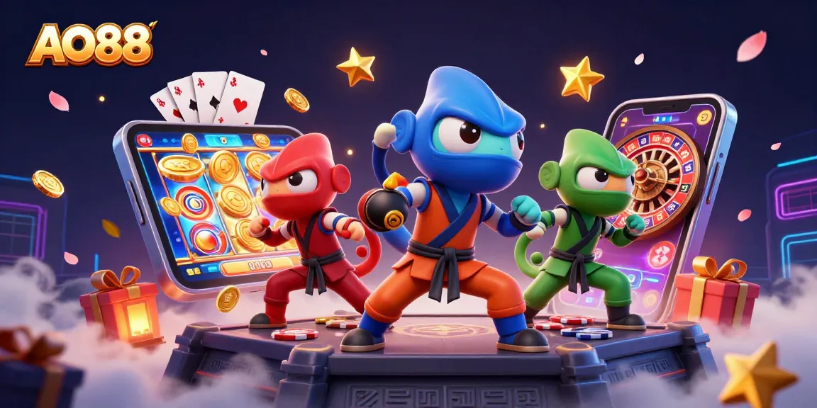 Experience the excitement of AO88's vibrant casino games with thrilling chameleon ninjas in action.