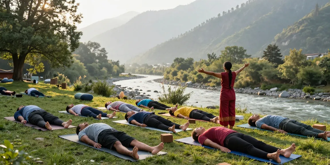Yoga teacher training in Rishikesh India with diverse students practicing yoga outdoors against a scenic Himalayan backdrop.