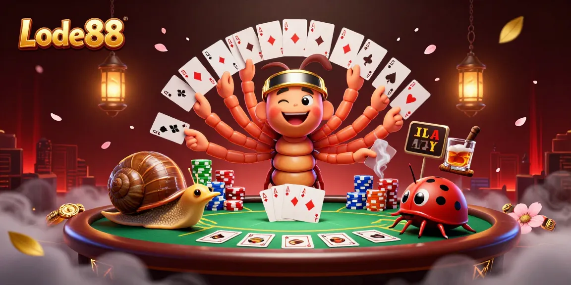 Engage with Lode88's vibrant casino scene featuring a millipede dealer and colorful poker elements.