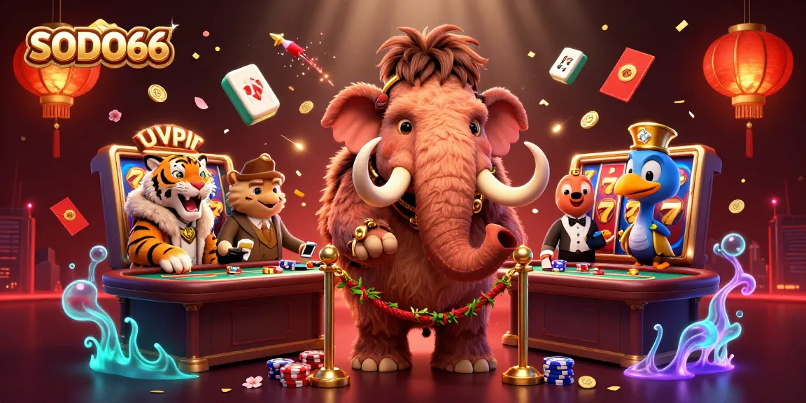 SODO66 Casino showcases a vibrant 3D scene with a mammoth bouncer and saber-tooth tiger guest among various game elements.