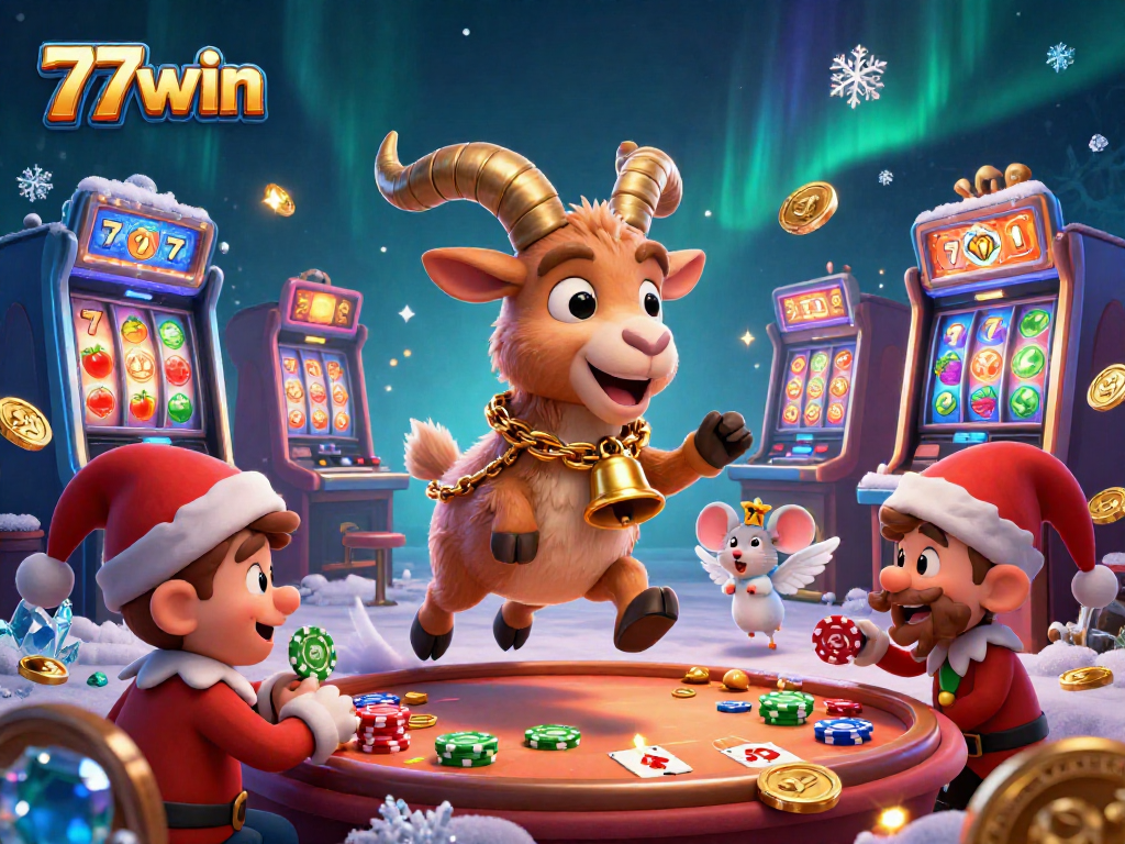 Experience the thrill at 77win's vibrant casino, featuring cartoon Krampus and playful elves in a festive game scene.