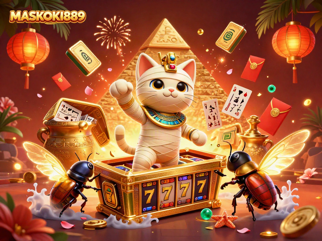 Experience thrilling gameplay at MASKOKI889 with dynamic scenes featuring a mummy cat in a vibrant pyramid casino.