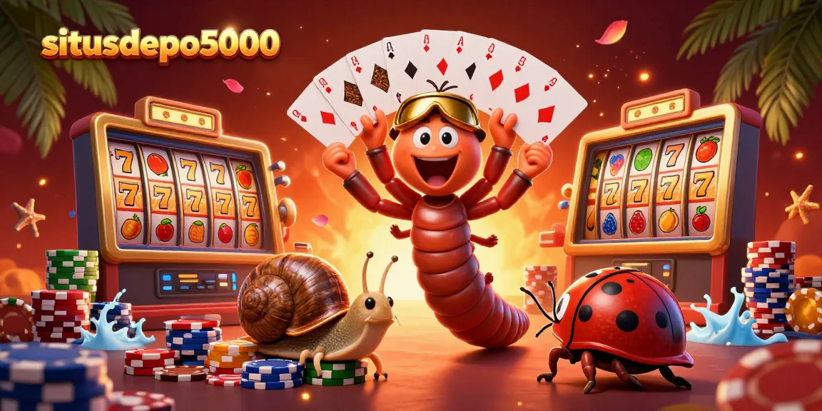 Spin the reels at situsdepo5000 with a cartoon millipede dealer and high-roller snail amidst colorful slot symbols.