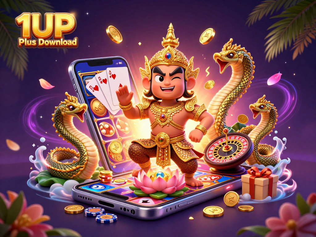 Experience the thrill of 1UP Plus Download, featuring vibrant casino elements amidst a magical gaming scene.