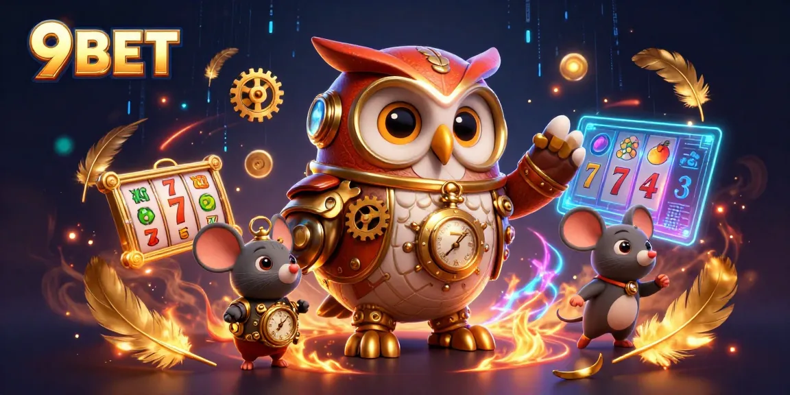 Bet on thrilling games at 9BET with a vibrant 3D casino scene featuring a time-traveler owl.