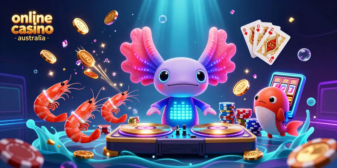 Experience the vibrant world of online casino australia with a neon axolotl DJ and colorful casino elements.
