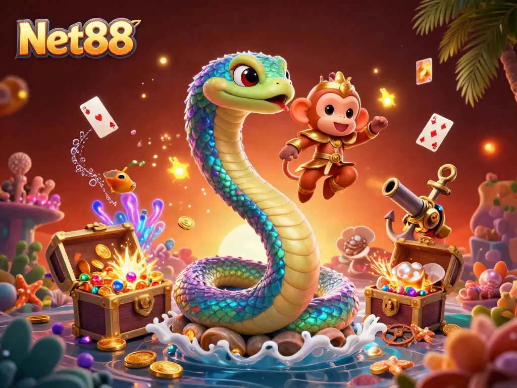 Experience winning moments with Net88's vibrant 3D casino illustration featuring lively characters and treasures.