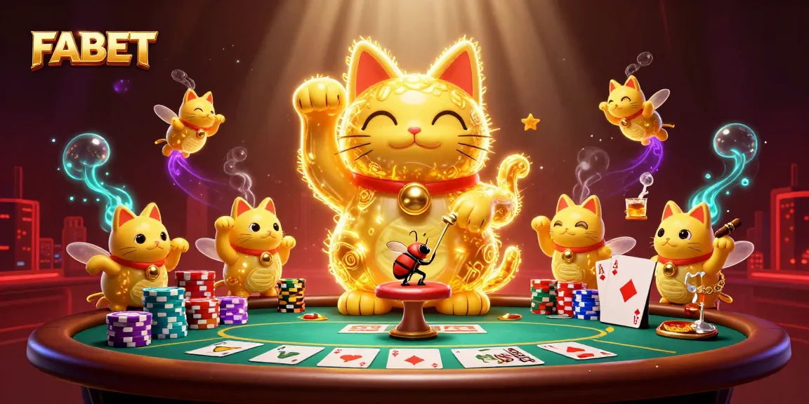FABET delivers an exciting scene with golden fireflies as a lucky cat amidst vibrant casino visuals.