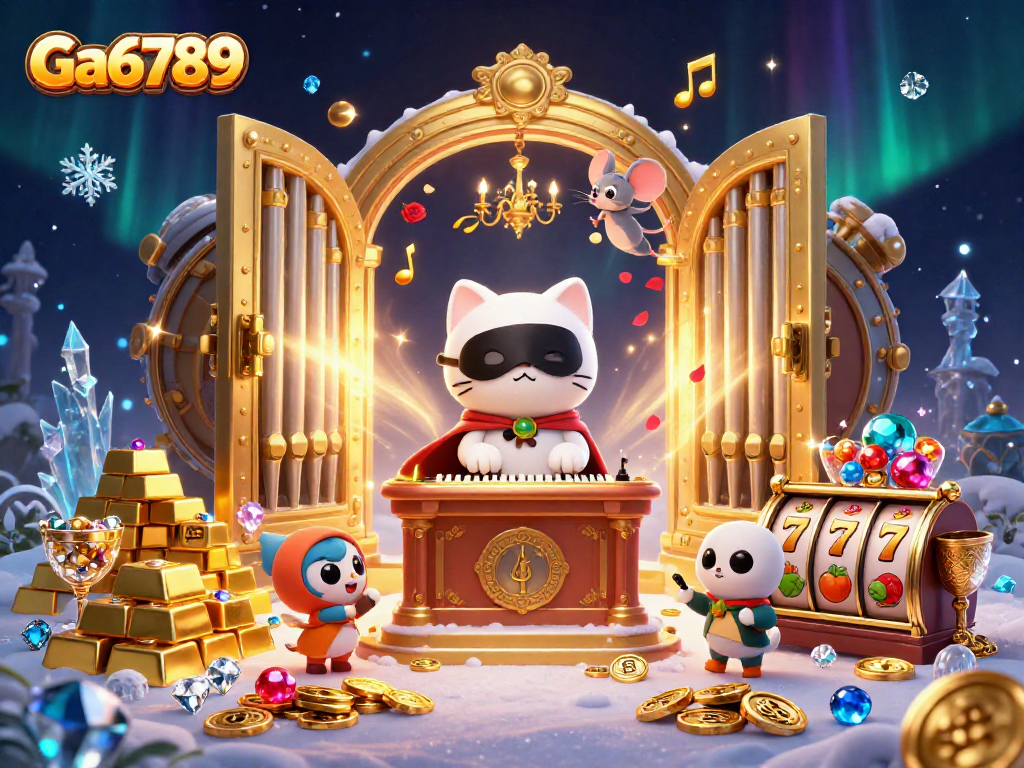 Experience Ga6789 casino excitement with a phantom cat at the organ amid rich treasures.