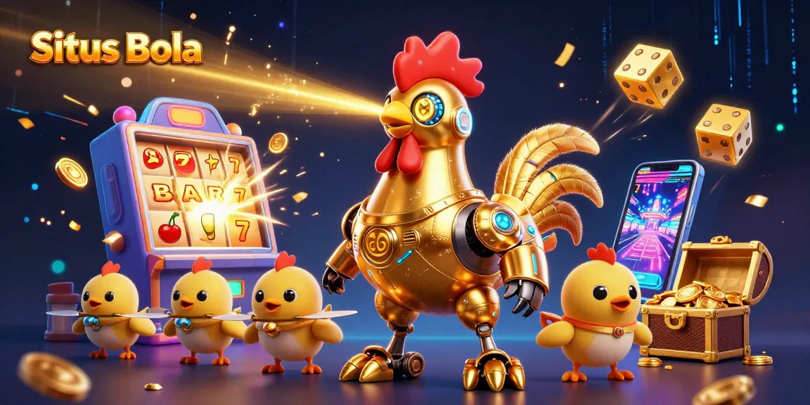 Situs Bola showcases a dynamic 3D gaming scene with vibrant elements, incorporating a golden rooster robot and baby chick drones.