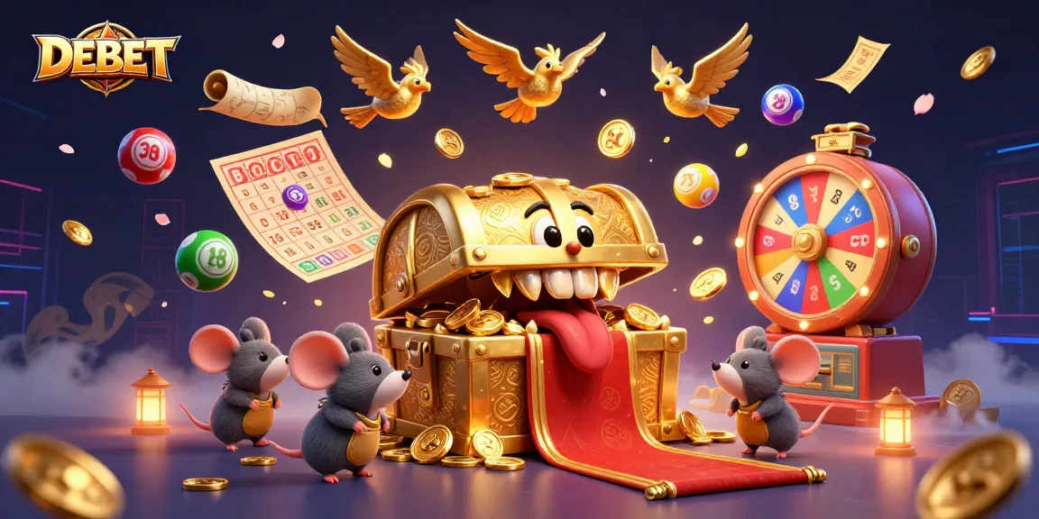 Join the excitement at DEBET with a vibrant 3D casino scene showcasing lottery balls, prize wheels, and treasure.