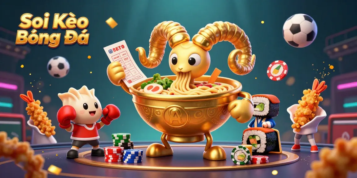 Soi Kèo Bóng Đá comes alive with a colorful sports betting scene featuring a giant ramen bowl character.