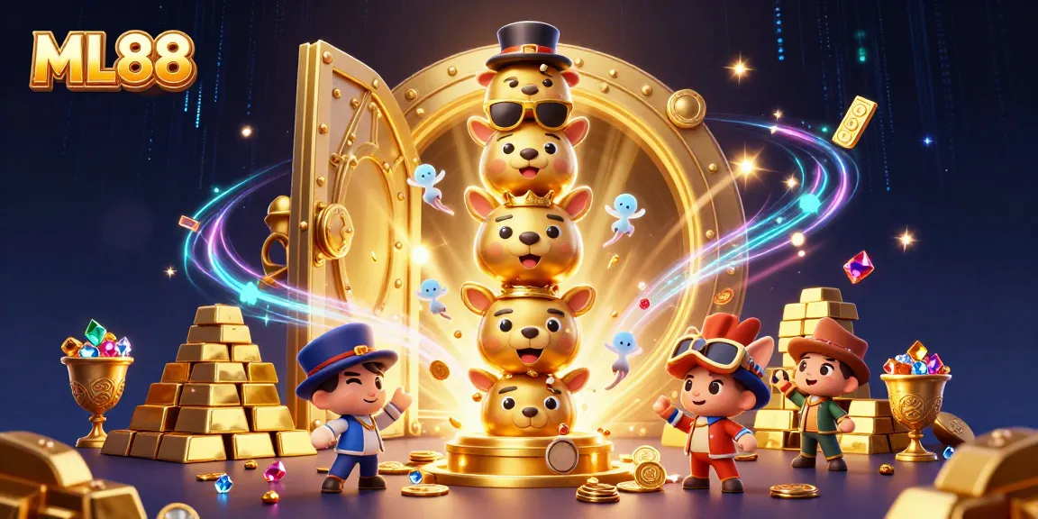 Engage with ML88's thrilling casino atmosphere illustrated by dynamic characters and gold treasures.