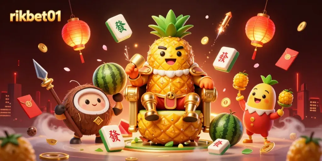 Experience the vibrant gaming world of rikbet01 with a golden pineapple king and lively casino elements.