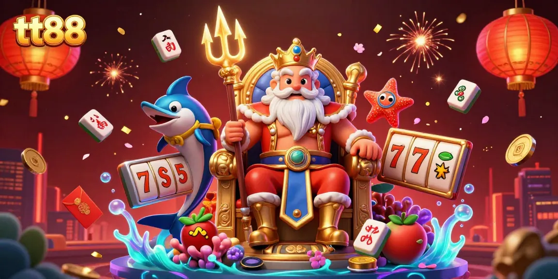 Spin and win with tt88's vibrant casino scene featuring Neptune and slot symbols.