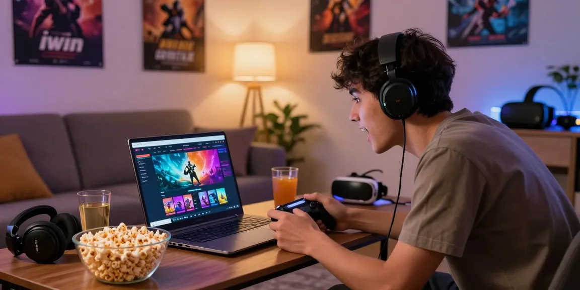 Excited player engaging in iwin online games in a cozy living room.