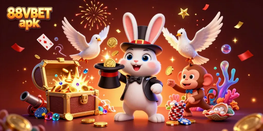 Play thrilling games with 88VBET apk featuring a magician rabbit, dove, and monkey in a vibrant casino scene.