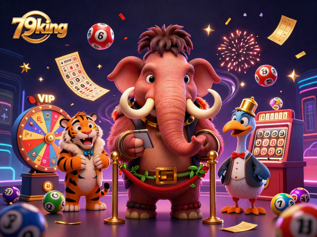 79king lottery theme illustration with dynamic characters and elements celebrating casino excitement.