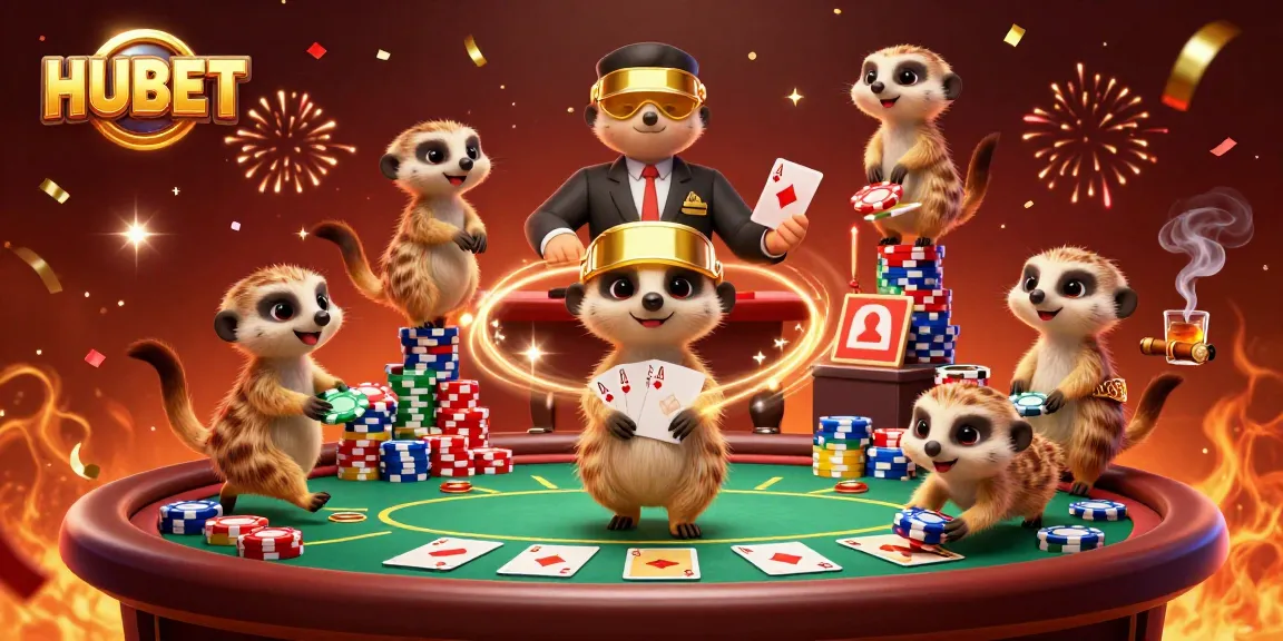 Engage in thrilling HUBET casino action with meerkats managing a colorful poker game and celebrating!