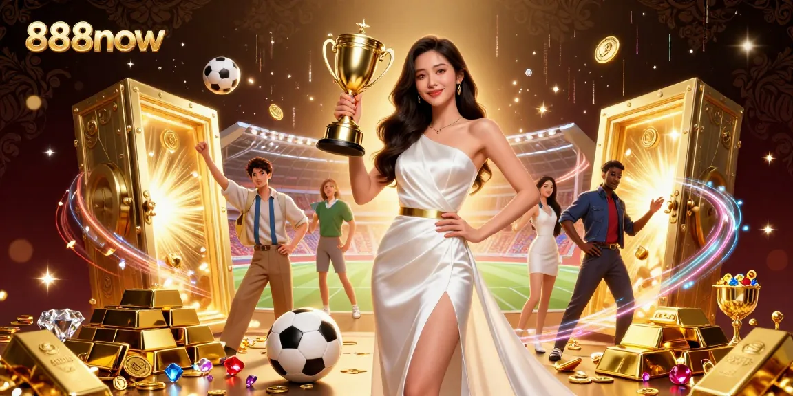 Experience the thrill of victory with 888now at a glamorous casino setting, featuring a trophy and sports elements.