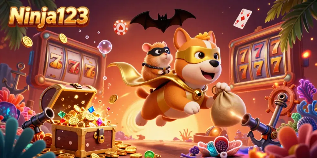 Ninja123 brings luck and excitement with a superhero dog and hamster in a vibrant casino scene.