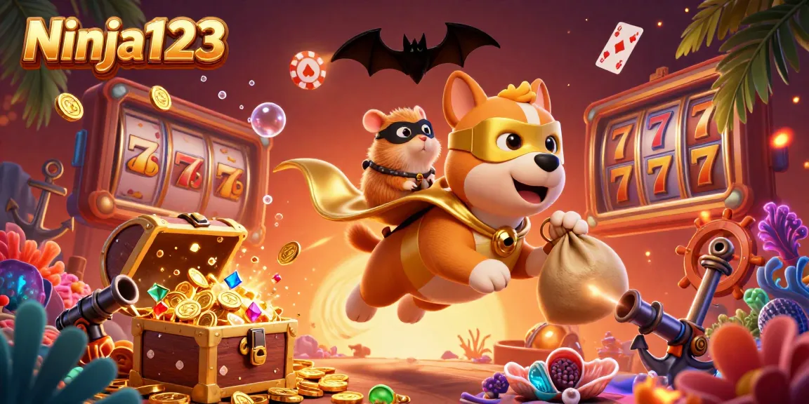 Ninja123 brings luck and excitement with a superhero dog and hamster in a vibrant casino scene.