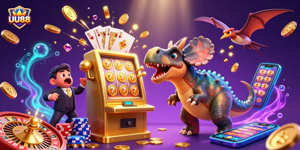 Engage in thrilling gameplay at UU88 as a pachycephalosaurus activates a golden slot machine jackpot.