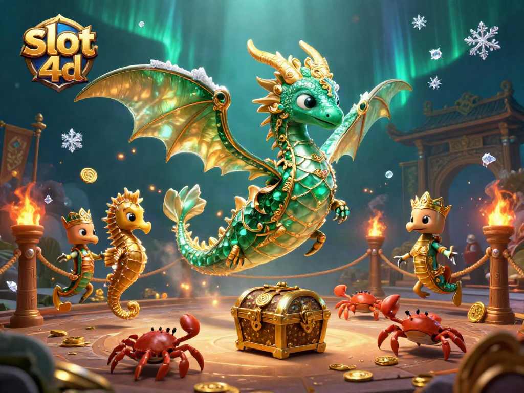 Menggali jackpot slot 4d dengan naga lautan bercahaya di antara koin emas dan simbol kemenangan lainnya.