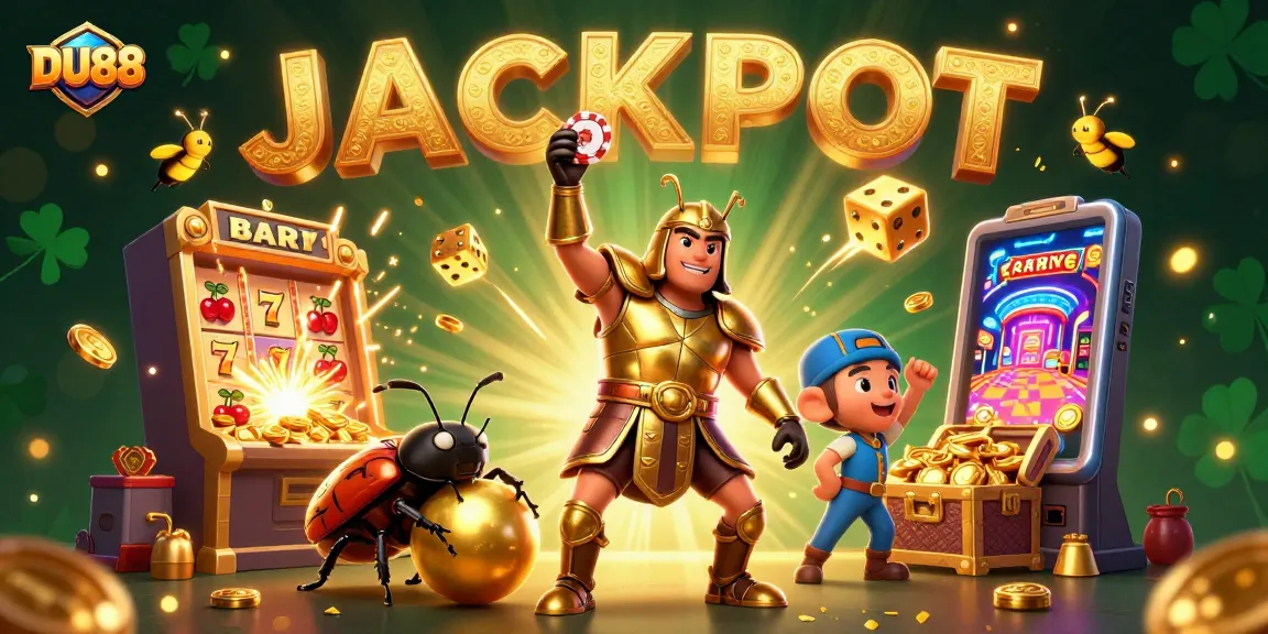 Join DU88 to experience jackpot thrills with a hercules beetle and vibrant casino elements.