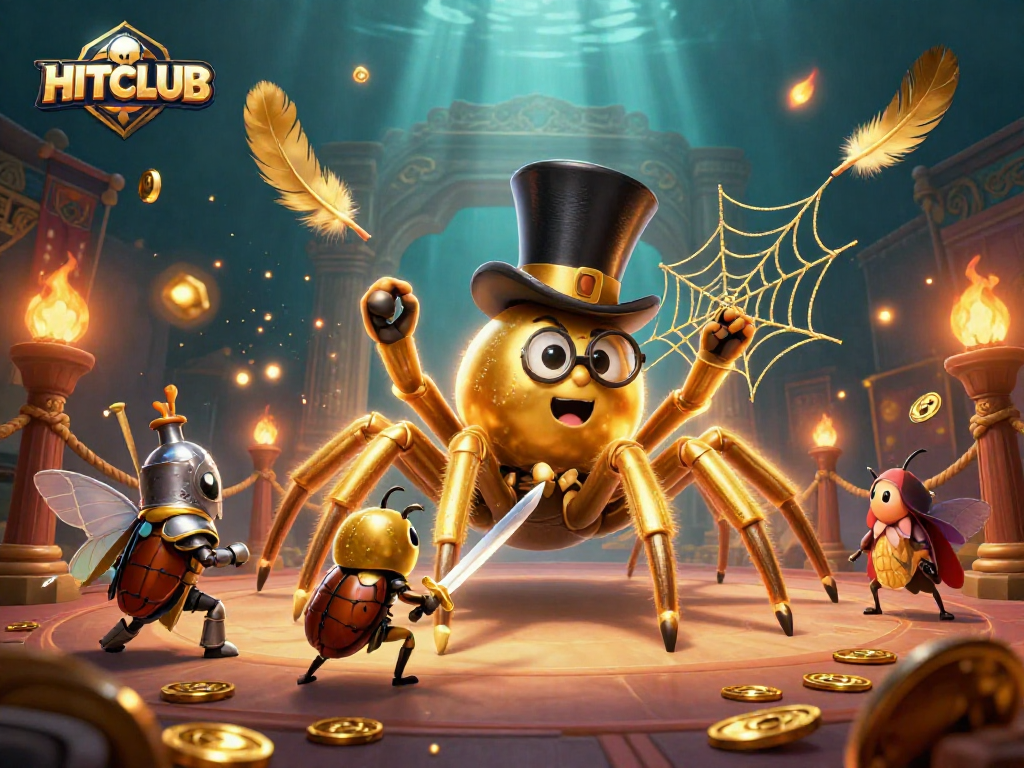 Experience thrilling gameplay at HITCLUB with a giant tarantula overseeing vibrant casino treasures.