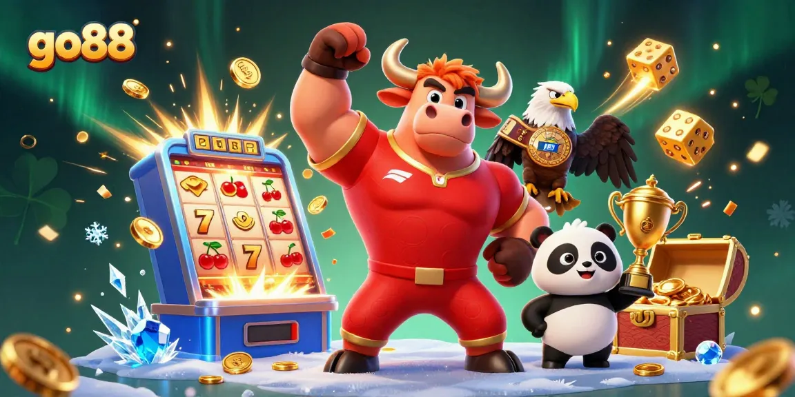 Engage with go88's dynamic gaming adventure featuring lively characters and vibrant casino elements in a stunning scene.