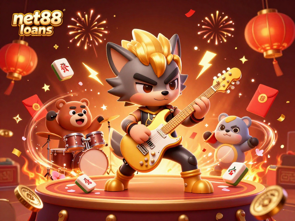 Engage with net88 loans amidst a vibrant casino scene of lively characters and festive elements.