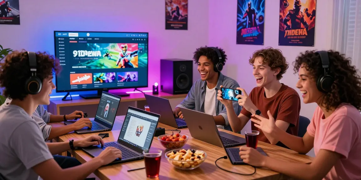 Pengalaman seru bermain game online di 91dewa bersama teman-teman dengan berbagai perangkat di ruang tamu yang nyaman.