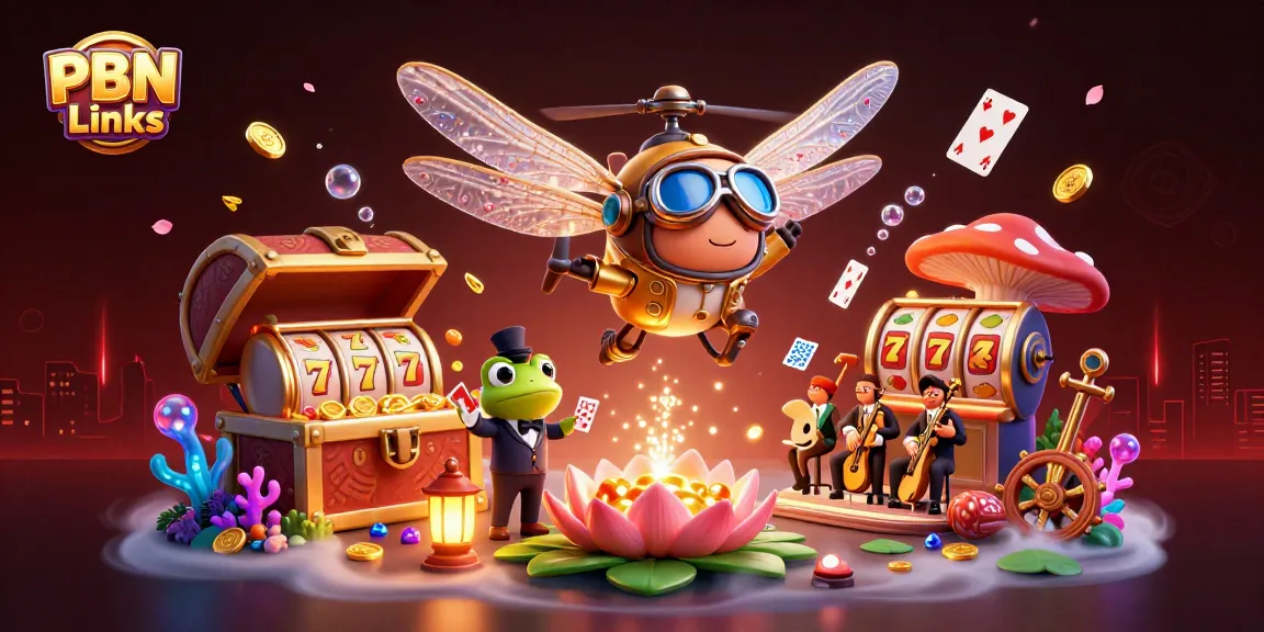 Engage with PBN Links while enjoying a vibrant casino scene of a dragonfly pilot and frog croupier.