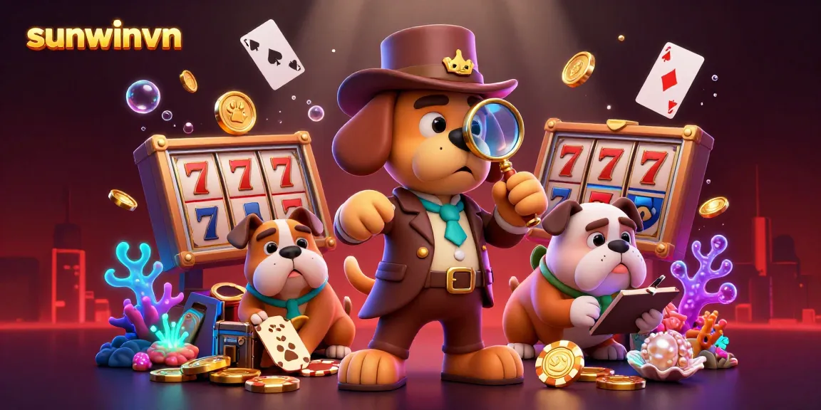 Engage with sunwinvn as a cartoon detective uncovers poker treasures amidst vibrant casino elements.