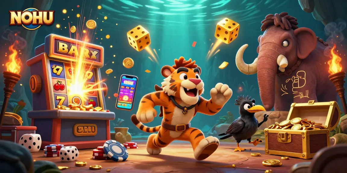 Experience the thrill of NOHU's prehistoric casino with cavemen and slot machines.