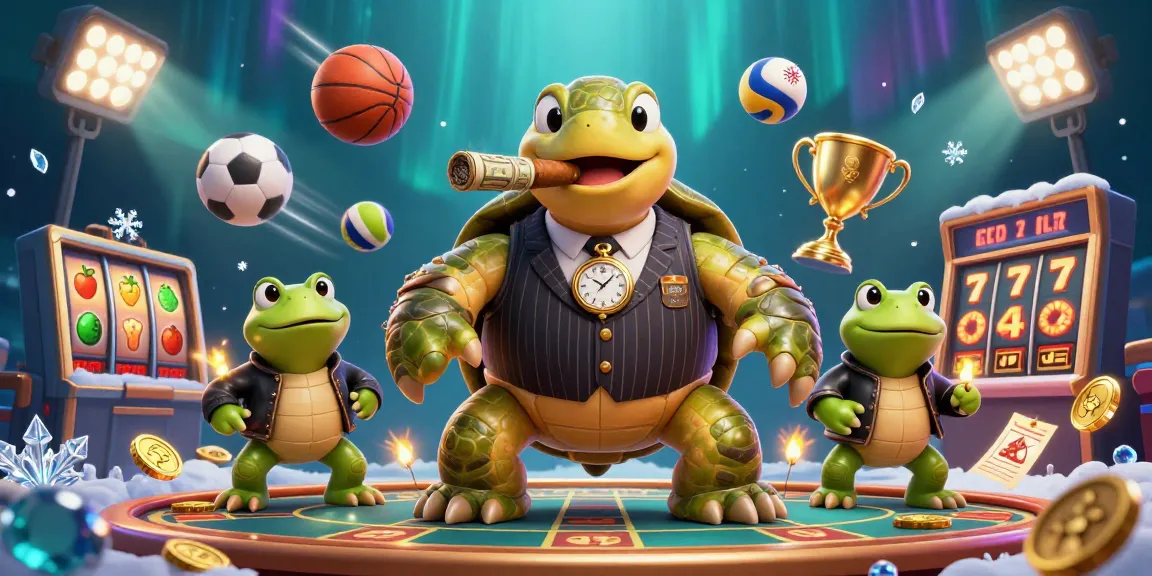 Experience kdslot gaming excitement with a vibrant 3D turtle casino scene featuring dynamic sports elements.