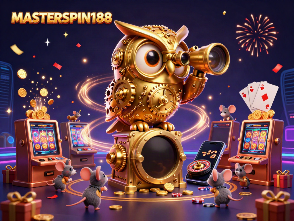 Experience the vibrant action of MASTERSPIN188 with a dynamic casino illustration featuring a clockwork owl and lively game elements.