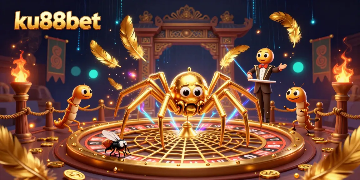 ku88bet's engaging 3D illustration shows a spider croupier and a fly betting at a roulette wheel