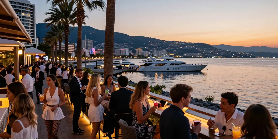 Escort Batumi nightlife scene with lively socializing and luxurious atmosphere at sunset.