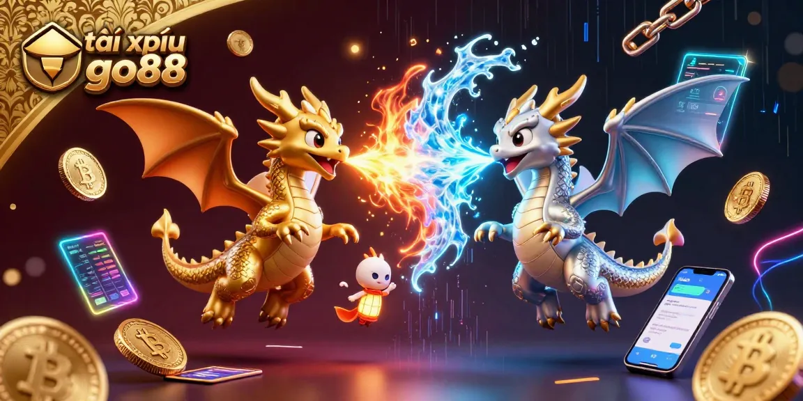 Engage with tài xỉu go88 through a vibrant 3D casino illustration featuring gold and silver dragon battles.
