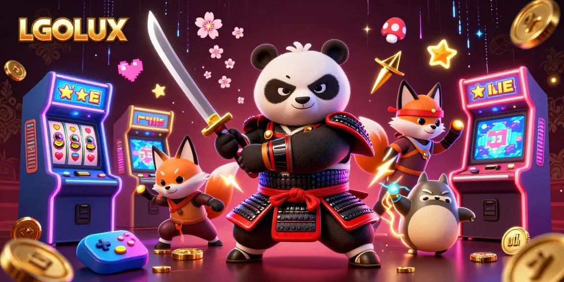 Experience thrilling gameplay at LGOLUX with samurai panda and ninja fox amongst vibrant casino elements.